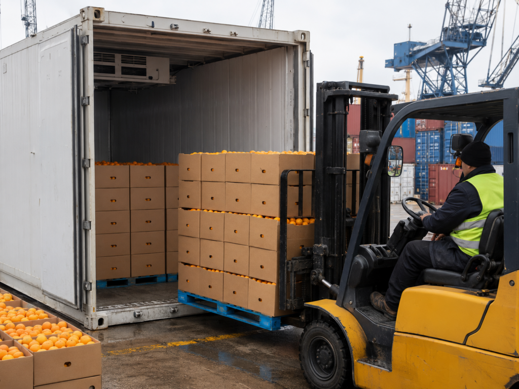 A forklift loading cartons of oranges into a refrigerated shipping container at a port.