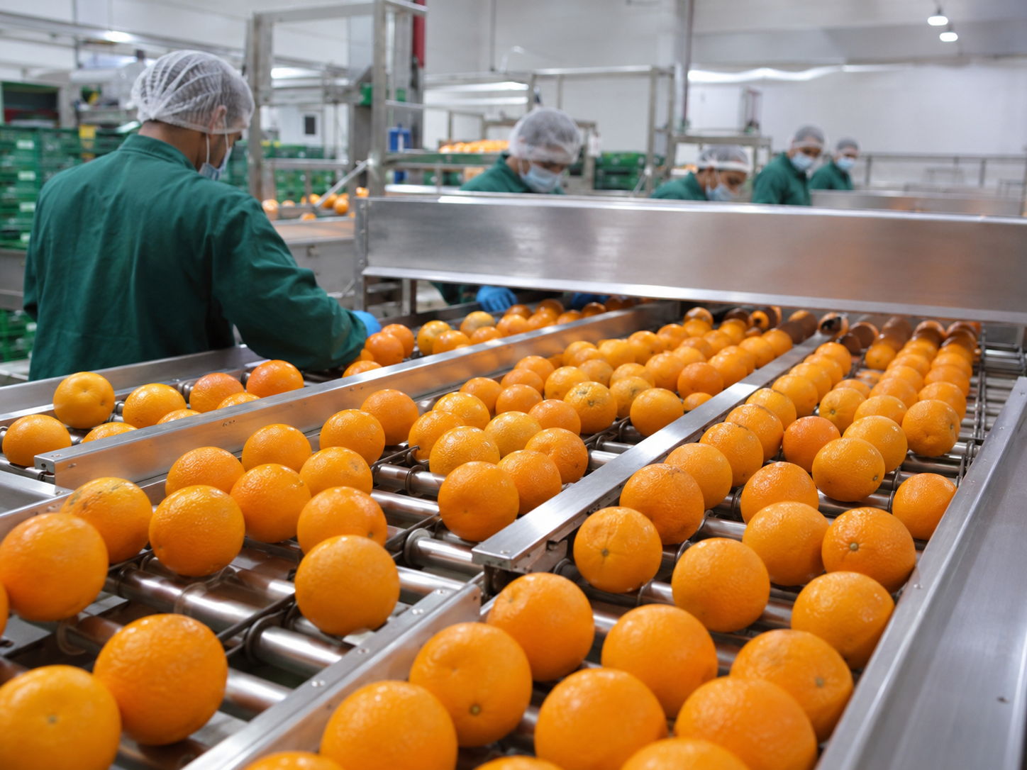 Workers sorting oranges on a stainless-steel packing line in an Egyptian packhouse