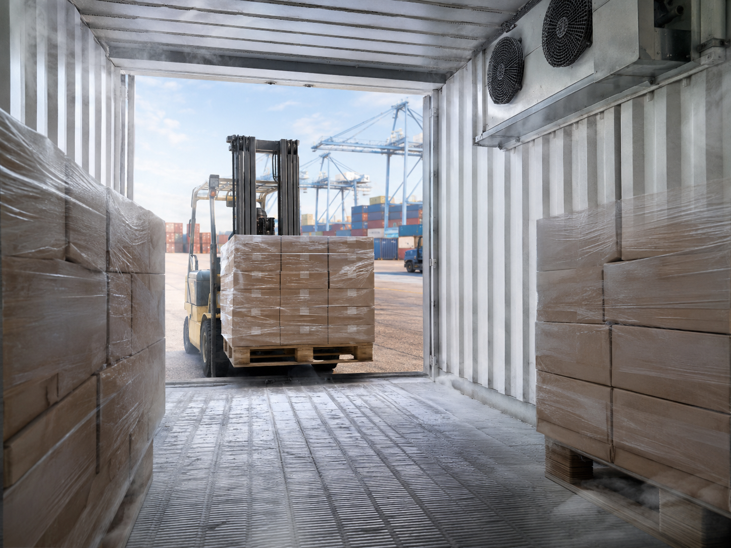 Pallets being loaded into a refrigerated container at a port terminal