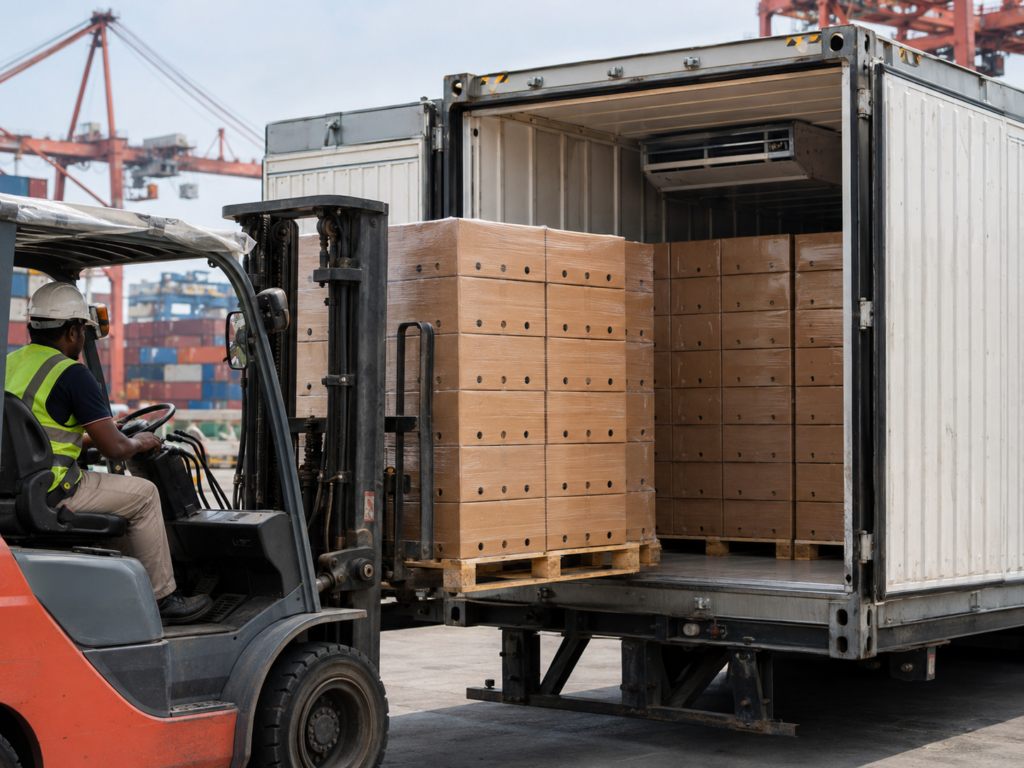 A forklift loading pallets of mango cartons into a refrigerated shipping container at a port.