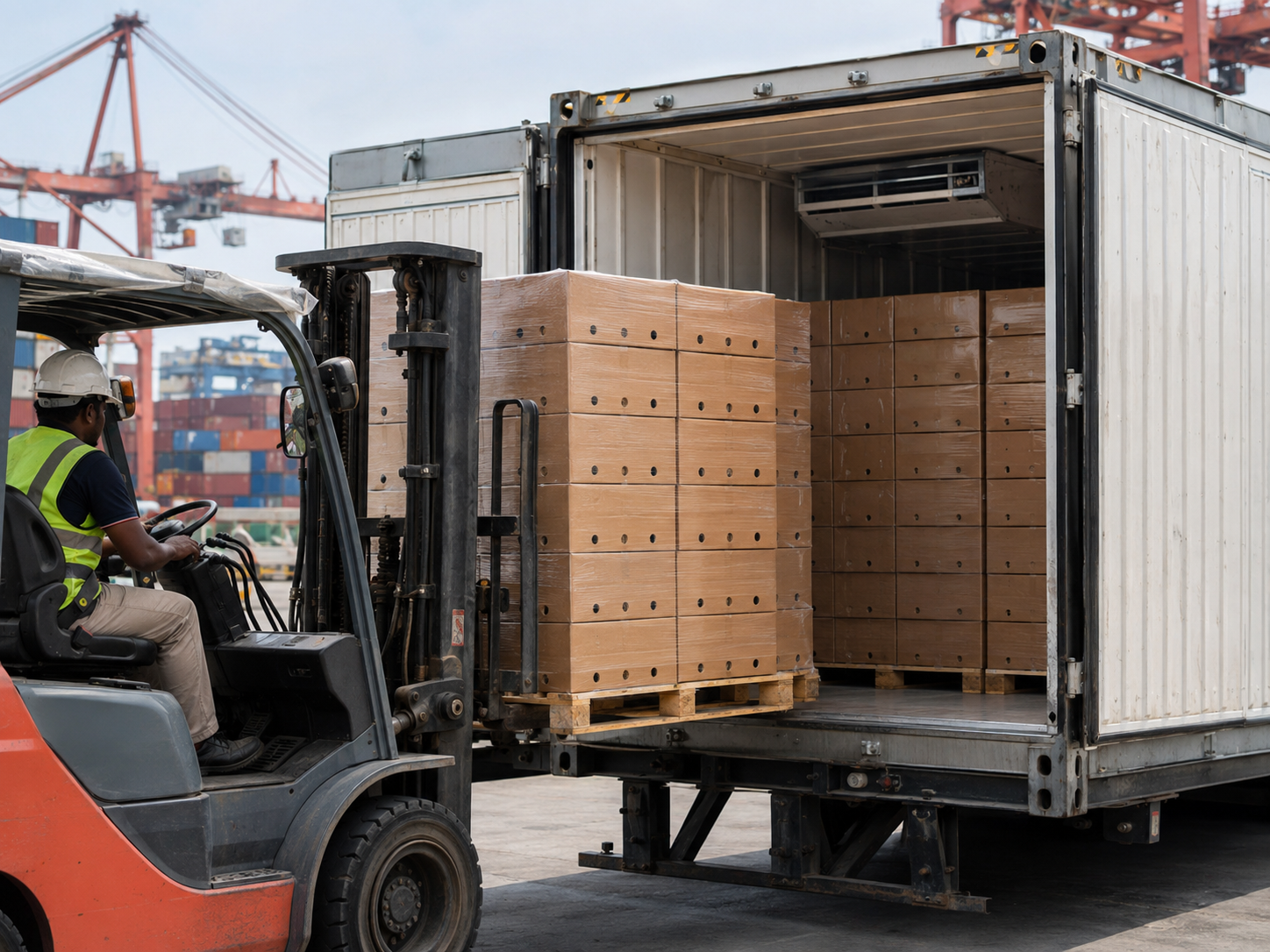 Forklift loading pallets of cartons into a refrigerated container at a port