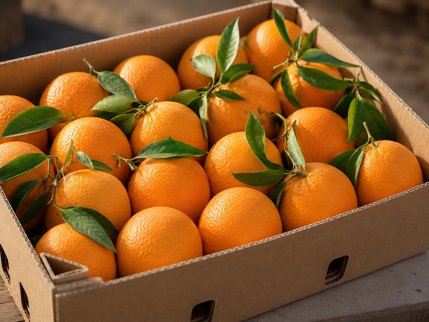 Egyptian Navel oranges packed in an export carton