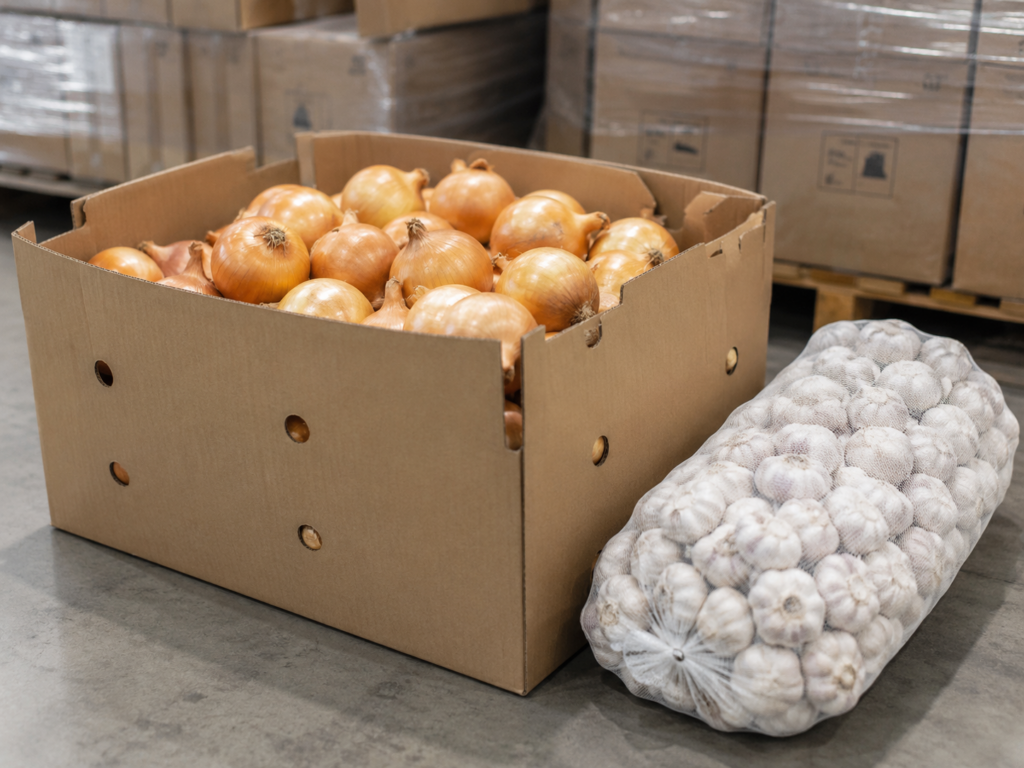 Onions in an open ventilated cardboard export carton beside a mesh bag of garlic bulbs on a warehouse floor.