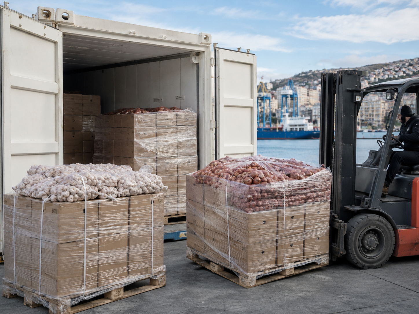 Forklift moving shrink-wrapped pallets into a refrigerated shipping container at a port terminal