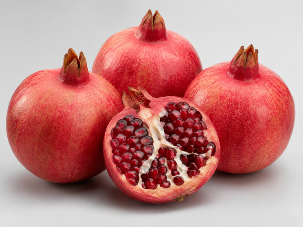 Three whole pomegranates and one cut open showing red arils, arranged as a studio product shot on a light grey background.