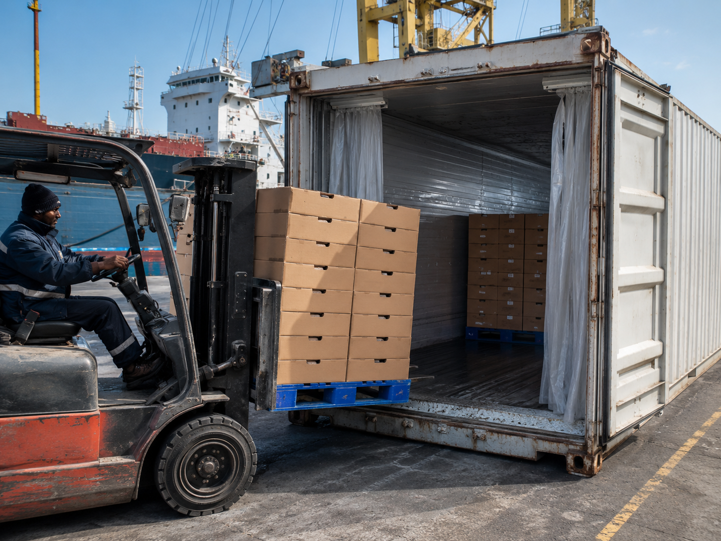 Forklift loading palletised cartons into a refrigerated container at a port terminal
