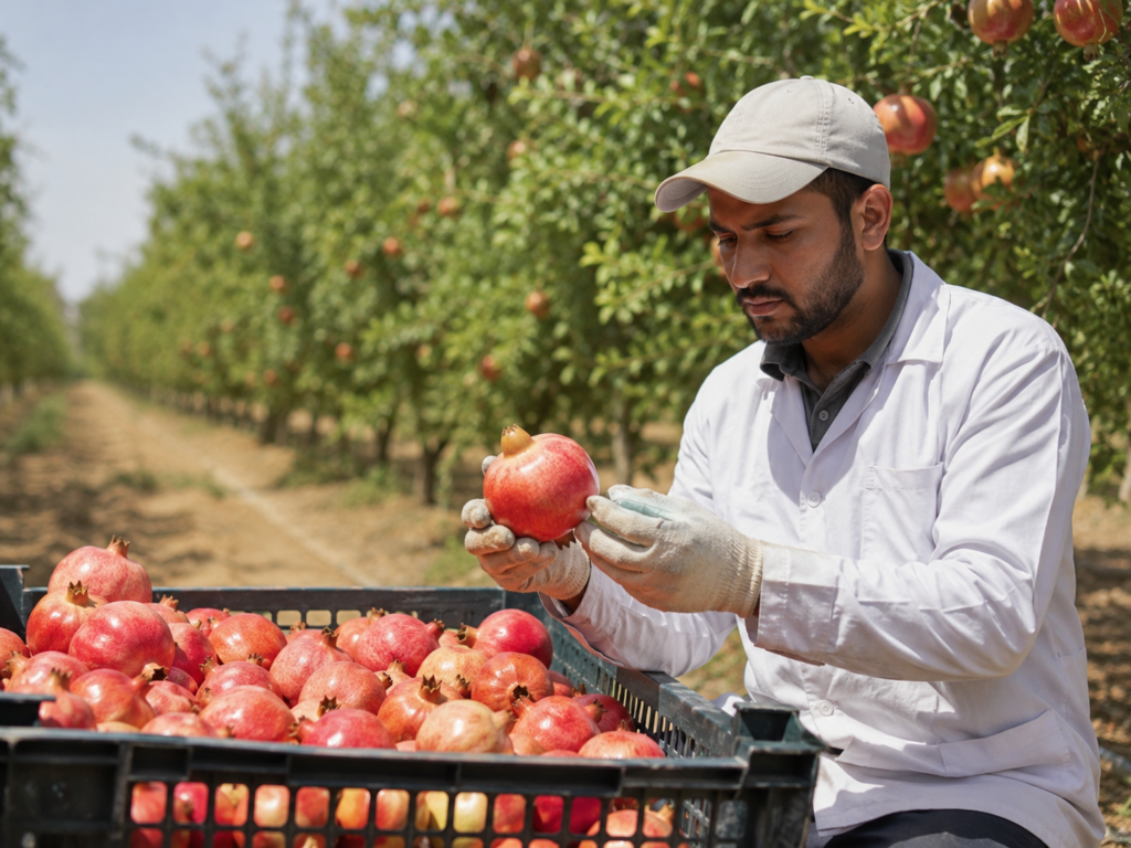 A worker in a white coat and gloves inspecting a freshly harvested pomegranate beside a crate of pomegranates in an orchard.