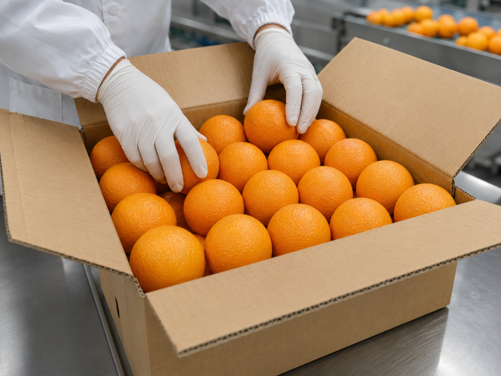 Gloved hands packing graded fresh oranges into an open corrugated export carton on a stainless steel packhouse table.