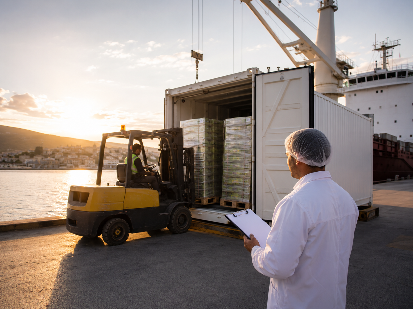 A refrigerated shipping container being loaded with palletised cartons by forklift at a Mediterranean port while an inspector observes