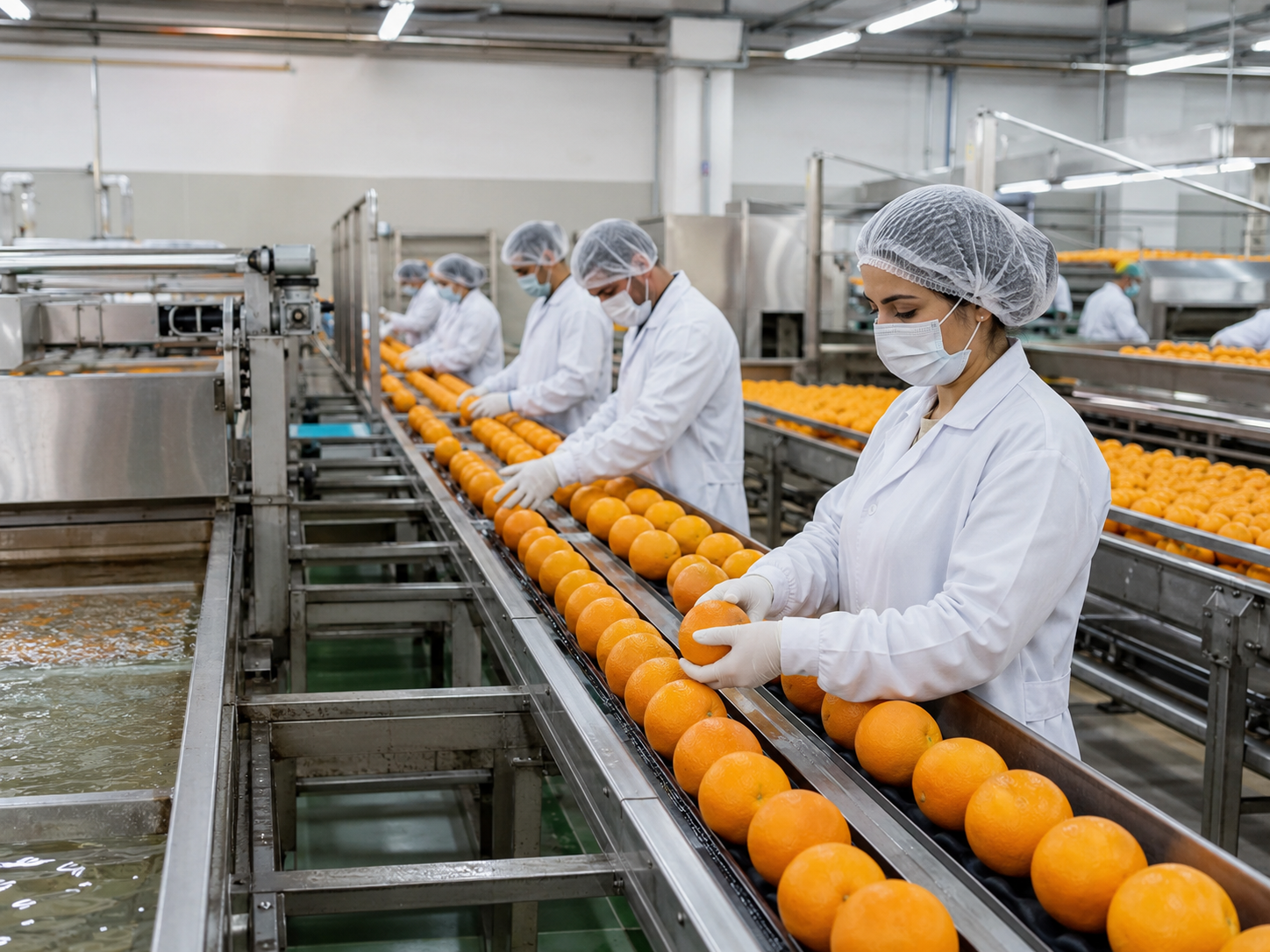 Workers grading fresh produce on a stainless steel conveyor line in a certified packhouse