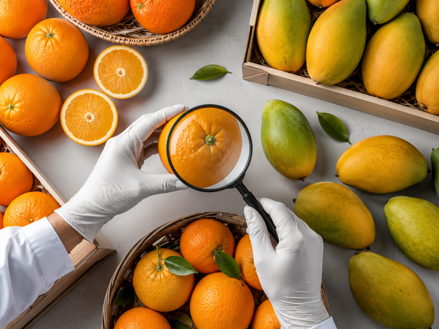 Overhead flat-lay of export-grade oranges and mangoes with gloved hands holding a magnifier over one orange