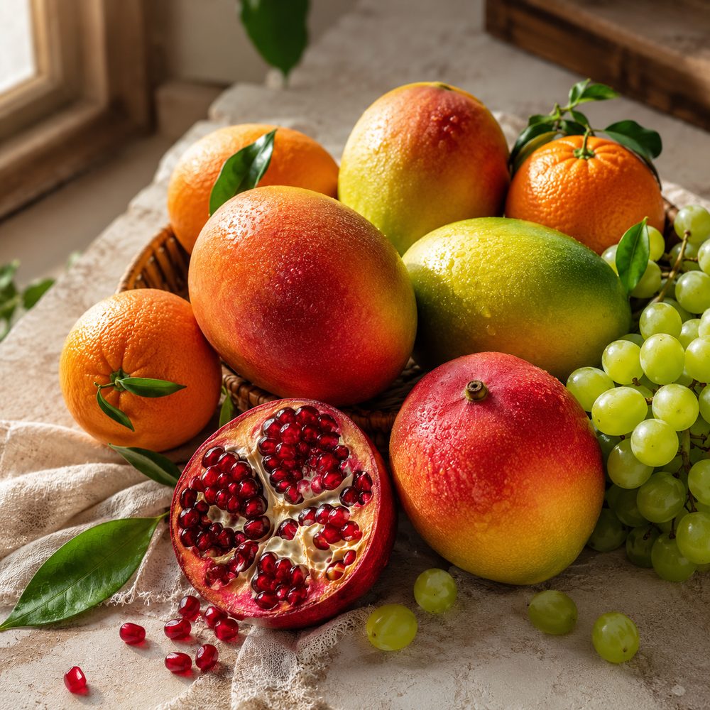 Arrangement of fresh Egyptian fruits representing the year-round export seasons