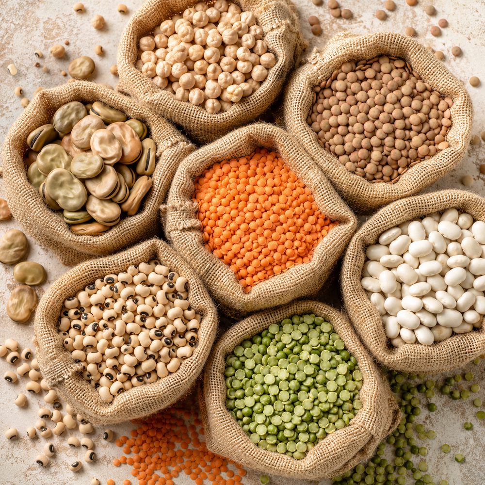 Assortment of Egyptian legumes - fava beans, lentils, chickpeas and beans for a mixed dry container