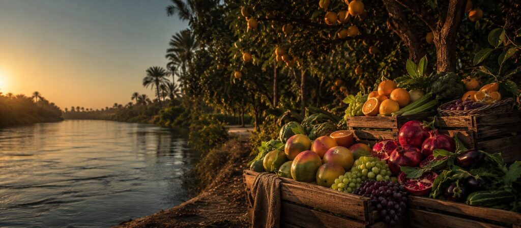 Egyptian produce fields along the Nile at golden hour during the counter-season harvest