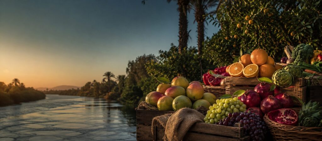 Egyptian produce ready for export beside the Nile
