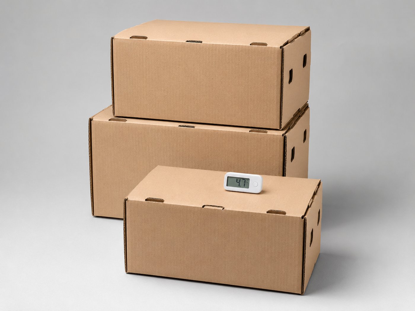 Sealed export cartons with a temperature data logger placed on the front carton