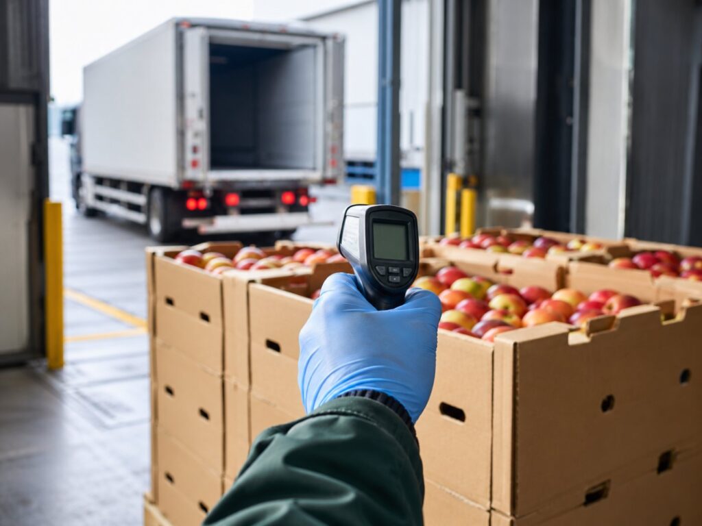 A gloved hand pointing a handheld infrared thermometer at open cartons of fresh apples at a loading dock, with a refrigerated truck backed up to the dock door behind.