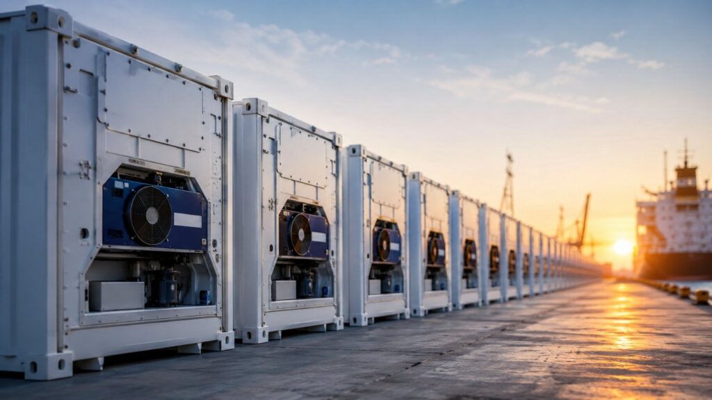 A long row of white refrigerated shipping containers lined up on a port quay at sunrise, with a container ship in the distance.