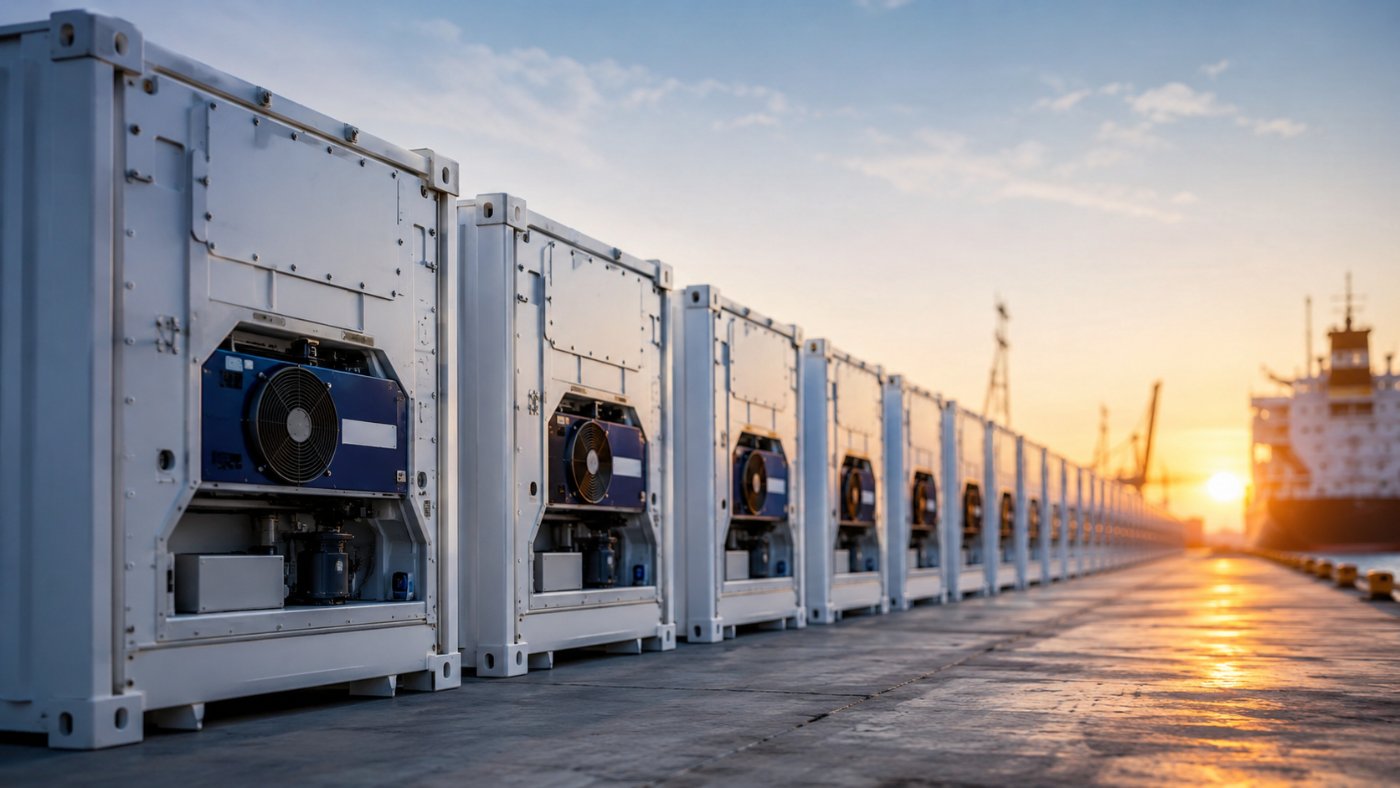 Refrigerated containers waiting on a port quay after a part-load was rolled to a later sailing